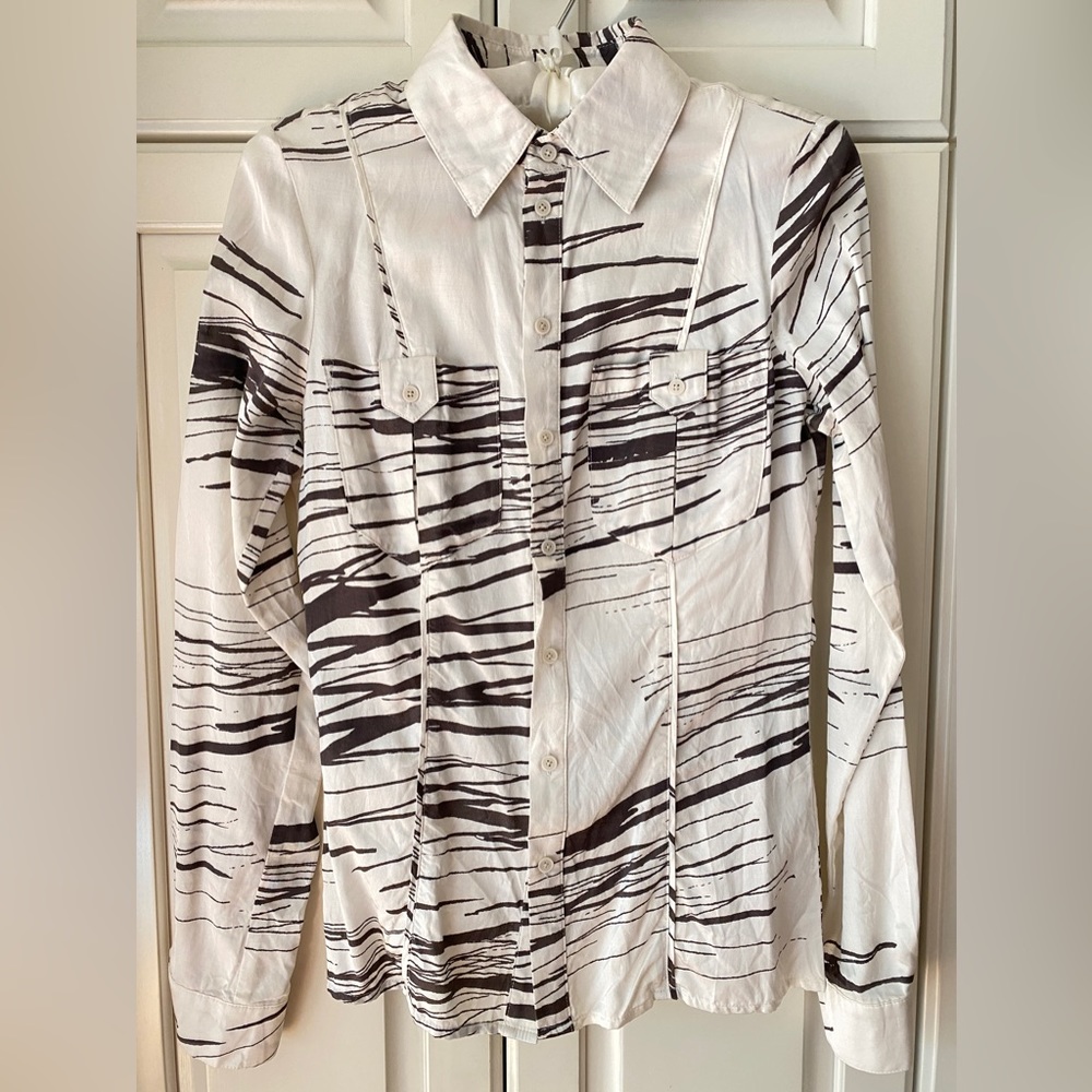 Diesel slim fit print shirt White black long sleeve back Straps Women's XS.